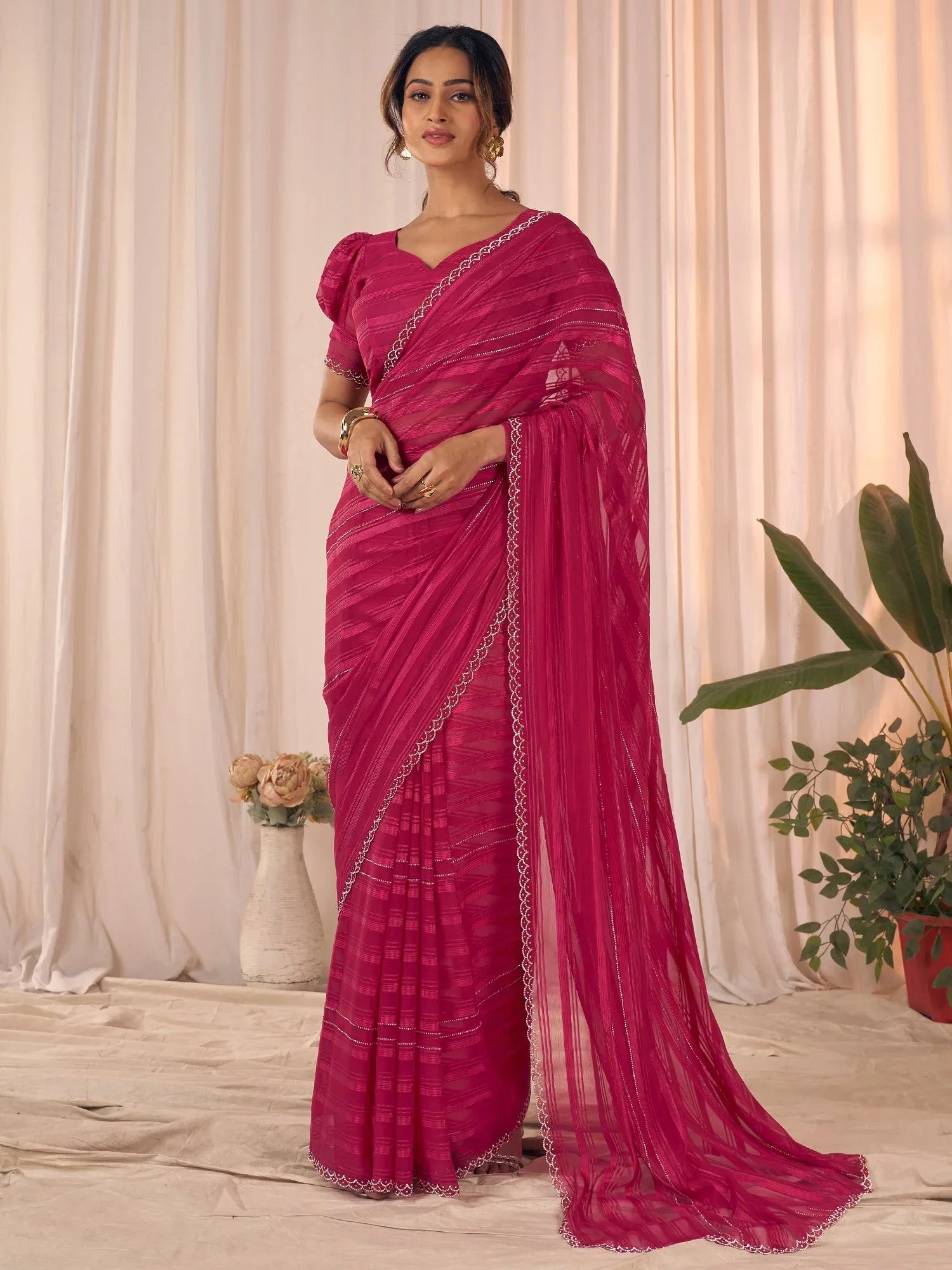 Pink Party Wear Georgette Embellished Saree - The Dori Store
