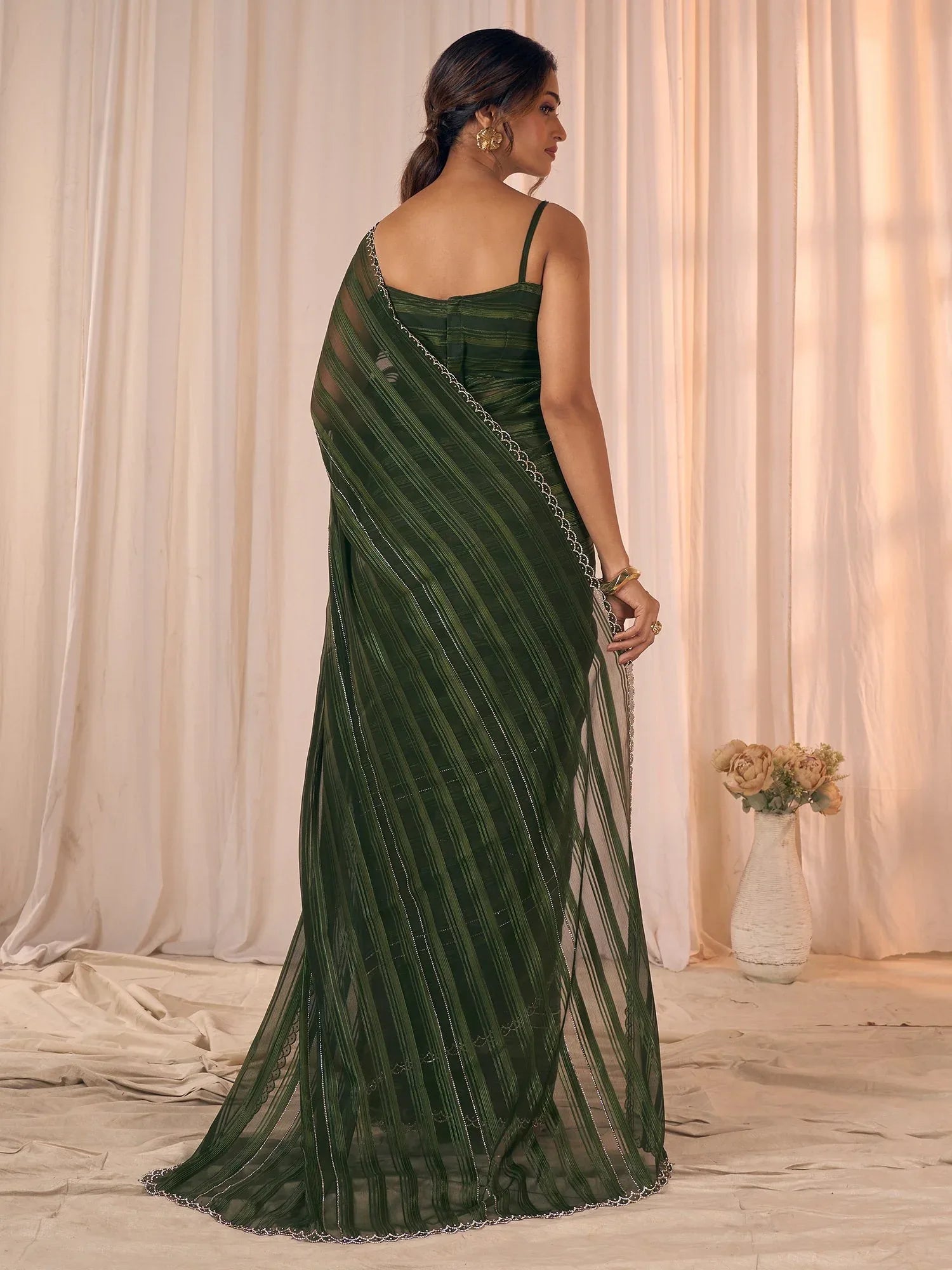 Dark Green Party Wear Georgette Embellished Saree