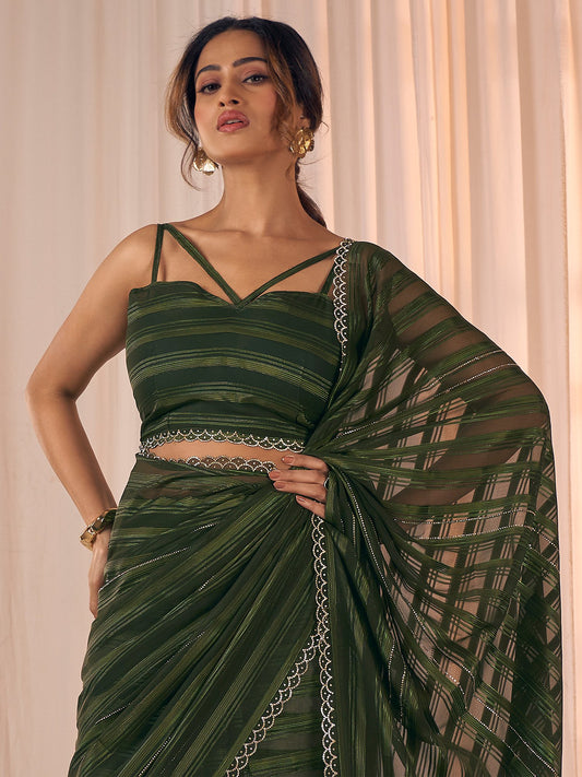 Green Dark Party Wear Georgette Embellished Saree
