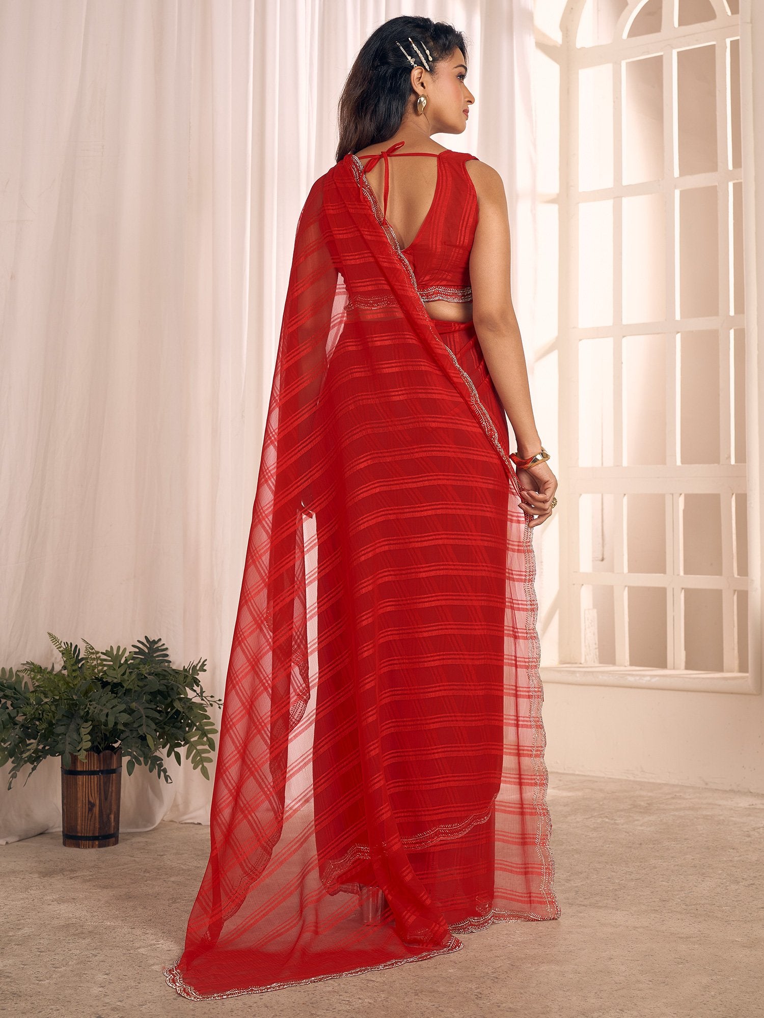 Red Party Wear Georgette Embellished Saree