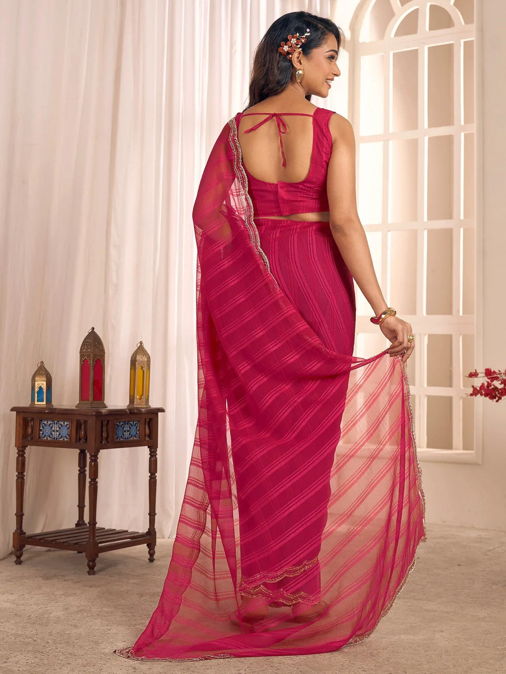 Pink Party Wear Georgette Embellished Saree - The Dori Store