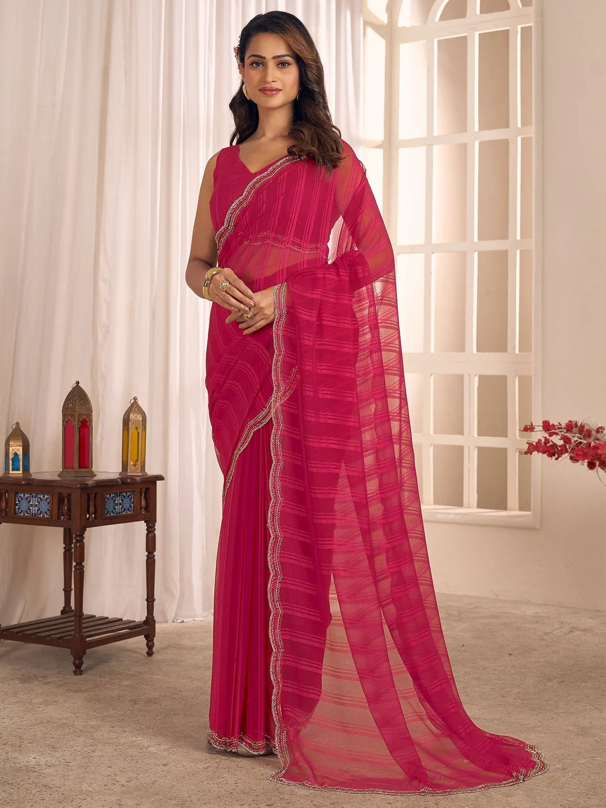 Pink Party Wear Georgette Embellished Saree - The Dori Store