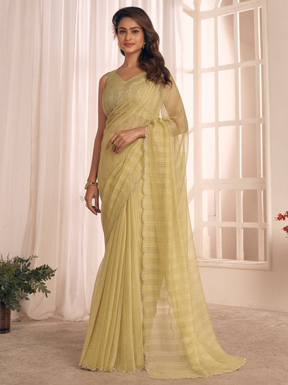 Yellow Mustard Party Wear Georgette Embellished Saree