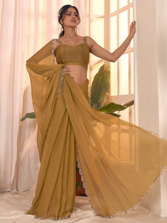 Yellow Mustard Party Wear Georgette Embellished Saree