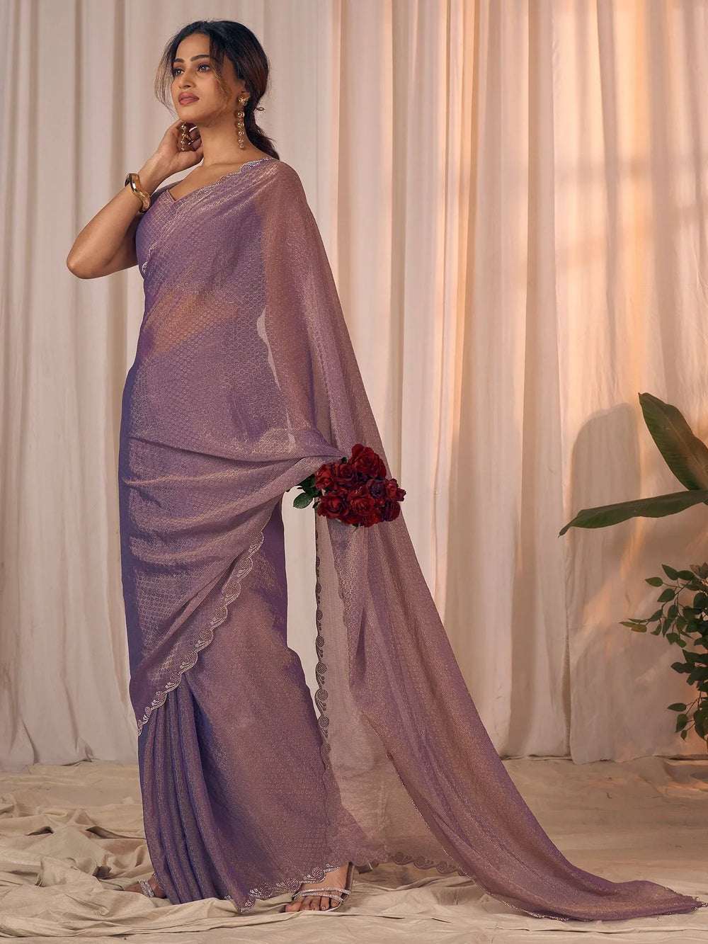 Lavendar Party Wear Georgette Embellished Saree - The Dori Store