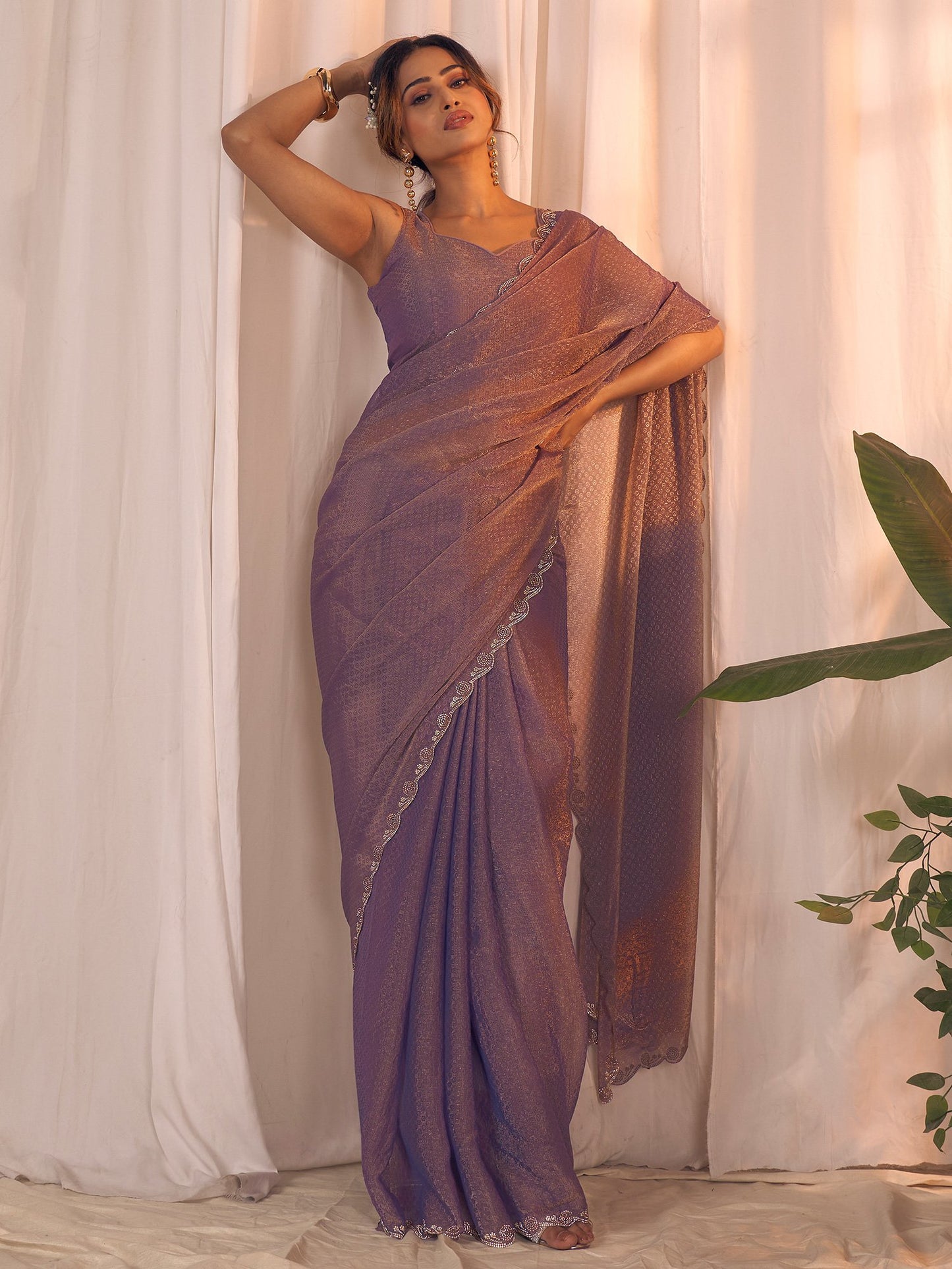 Lavendar Party Wear Georgette Embellished Saree