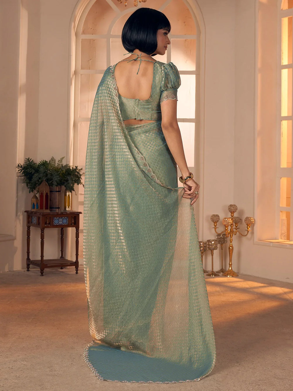 Green Party Wear Georgette Embellished Saree - The Dori Store