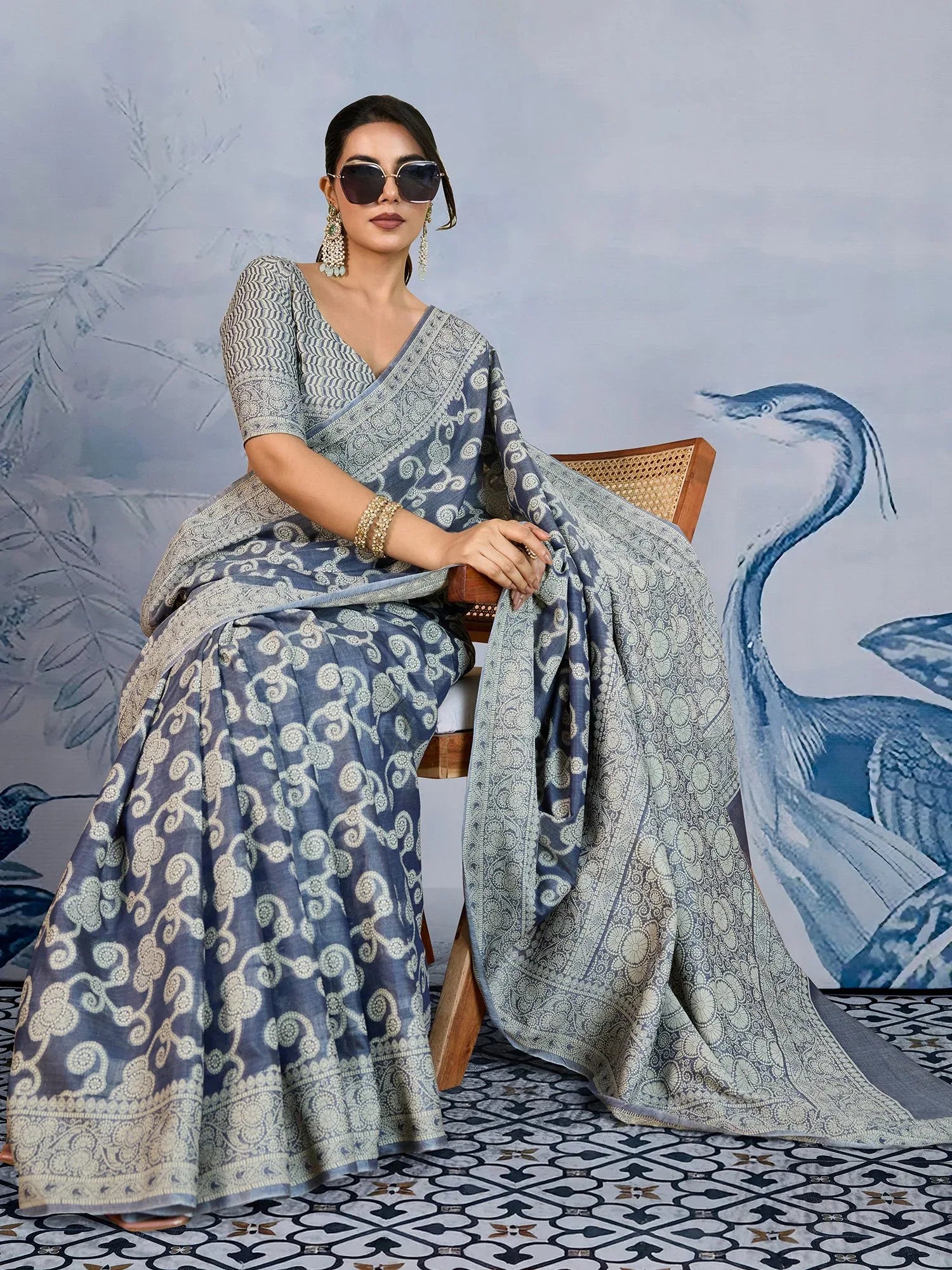 Charcoal Banarasi Chanderi Cotton Woven Saree