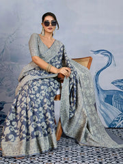 Charcoal Banarasi Chanderi Cotton Woven Saree