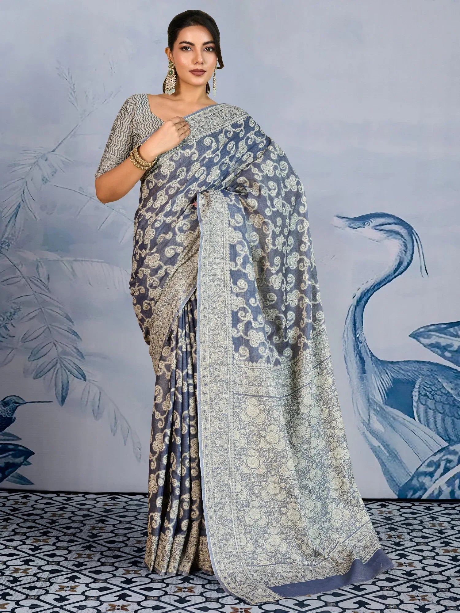Grey Charcoal Banarasi Chanderi Cotton Woven Saree