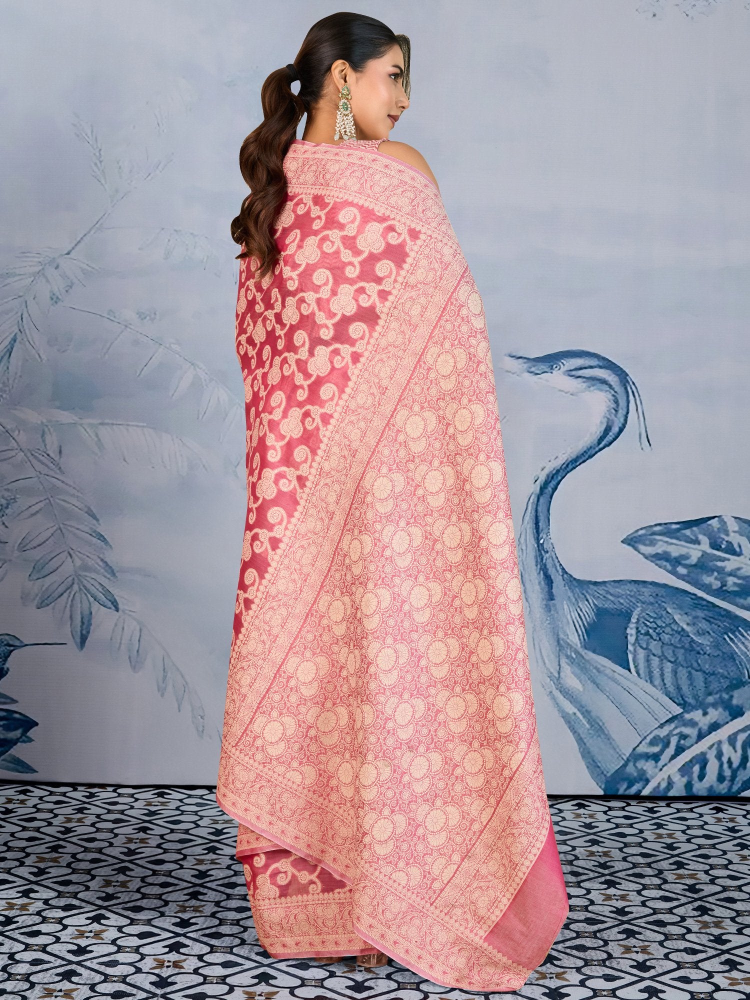 Pink Banarasi Chanderi Cotton Woven Saree