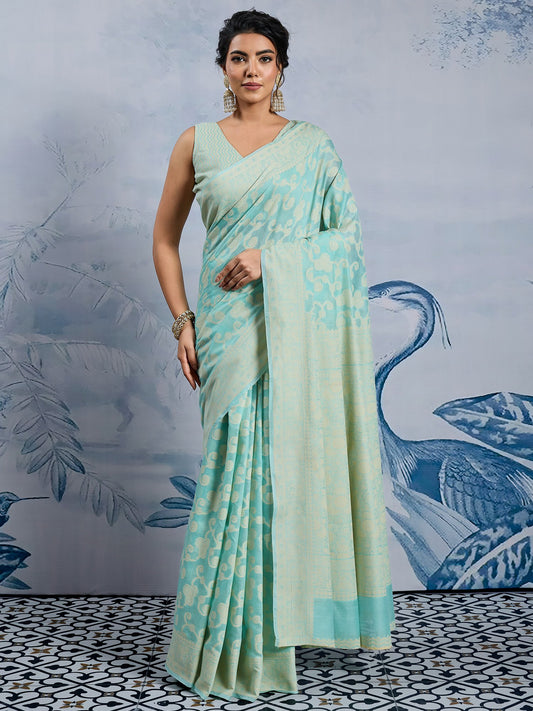 Blue Light Banarasi Chanderi Cotton Woven Saree