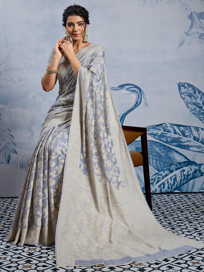 Grey Banarasi Chanderi Cotton Woven Saree