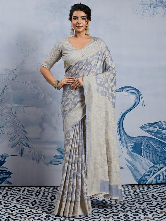 Grey Grey Banarasi Chanderi Cotton Woven Saree
