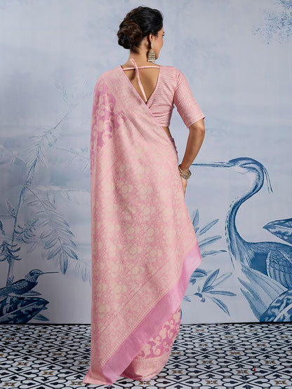 Pink Banarasi Chanderi Cotton Woven Saree