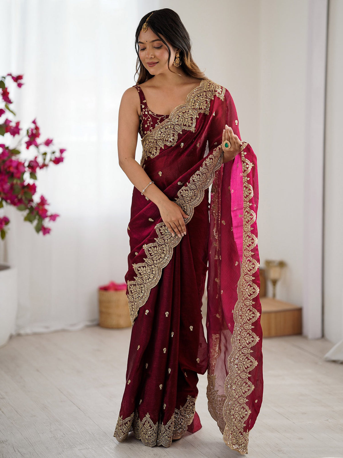 Maroon Burgundy Party Wear Chiffon Embellished Saree