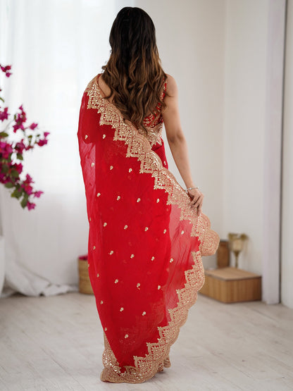 Red Party Wear Chiffon Embellished Saree