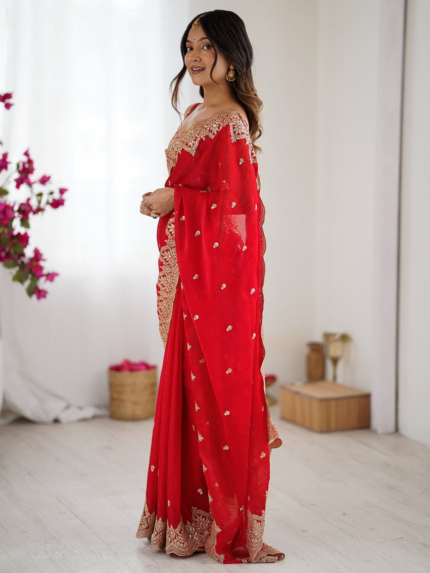 Red Party Wear Chiffon Embellished Saree