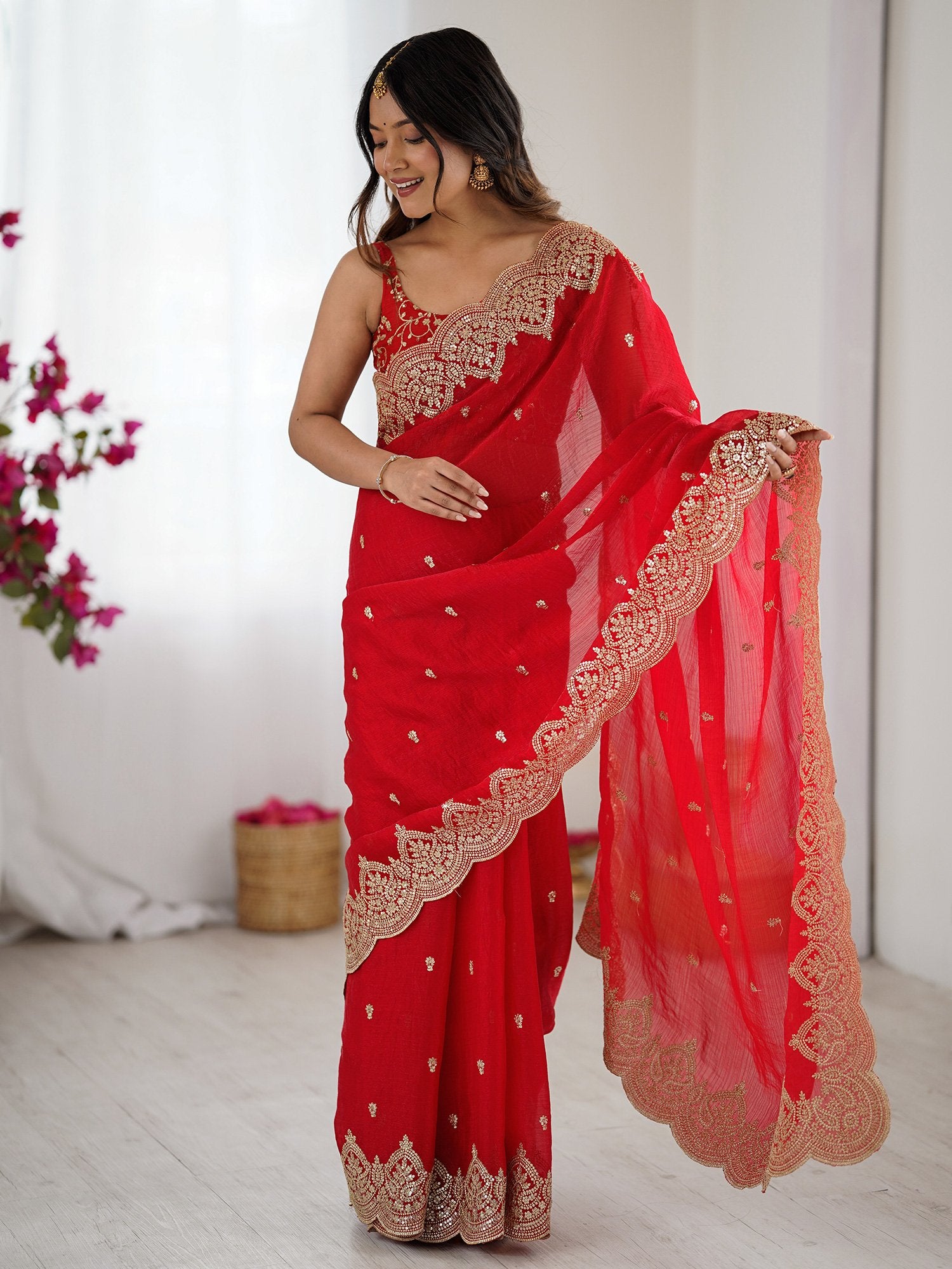 Red Red Party Wear Chiffon Embellished Saree
