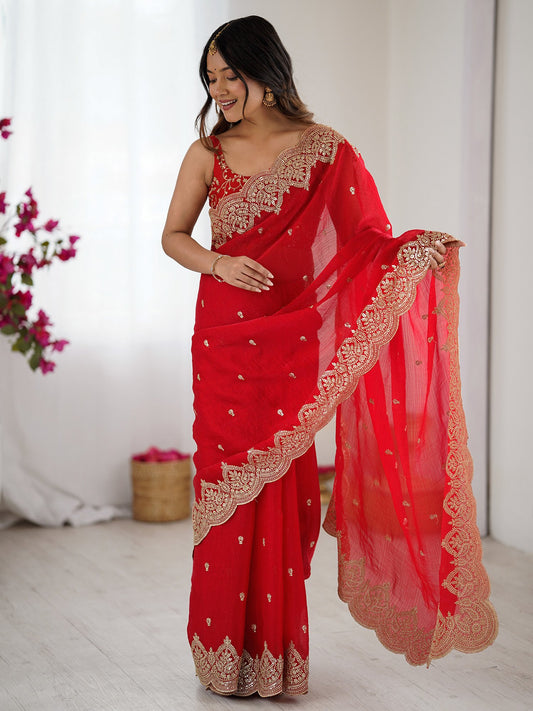 Red Red Party Wear Chiffon Embellished Saree