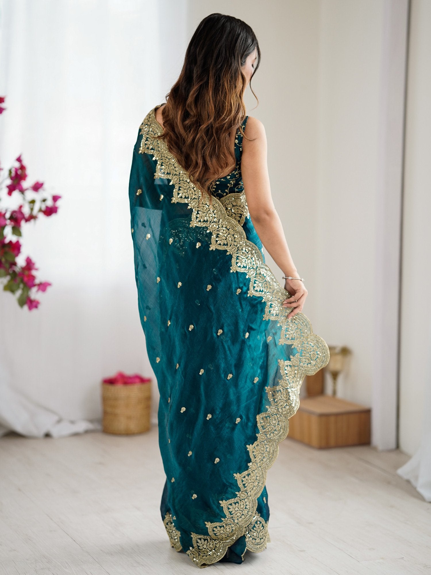 Teal Blue Party Wear Chiffon Embellished Saree