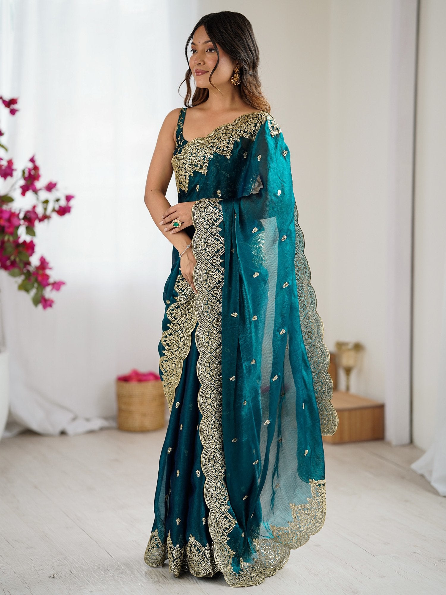 Teal Blue Party Wear Chiffon Embellished Saree