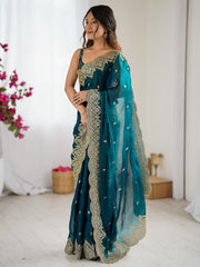 Teal Blue Party Wear Chiffon Embellished Saree