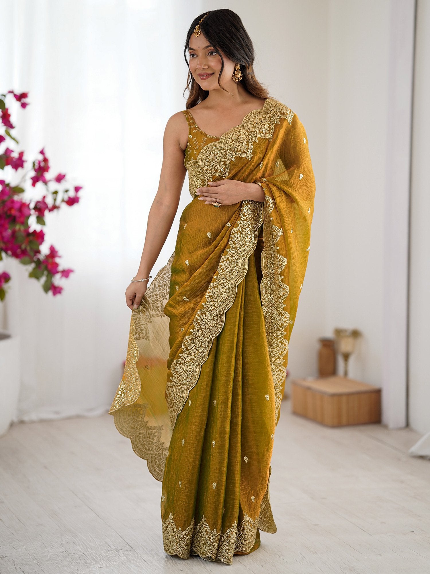 Mustard Party Wear Chiffon Embellished Saree