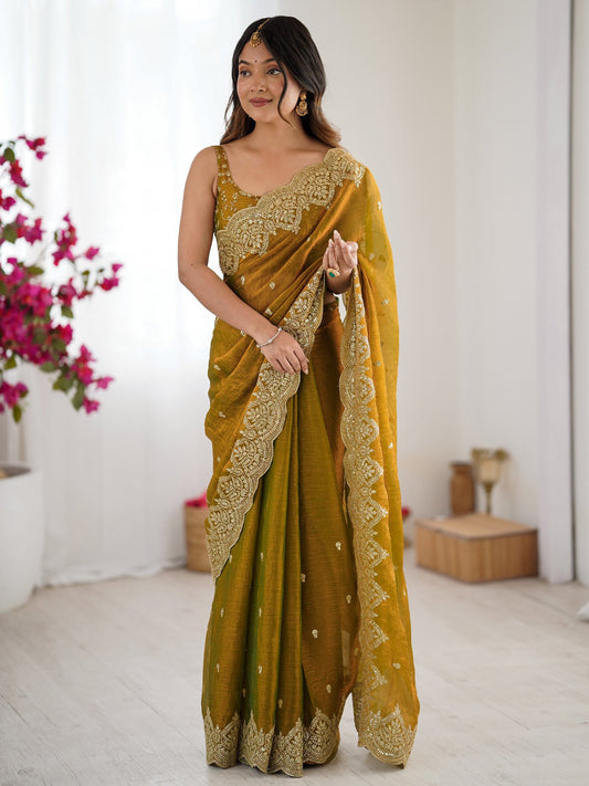 Yellow Mustard Party Wear Chiffon Embellished Saree