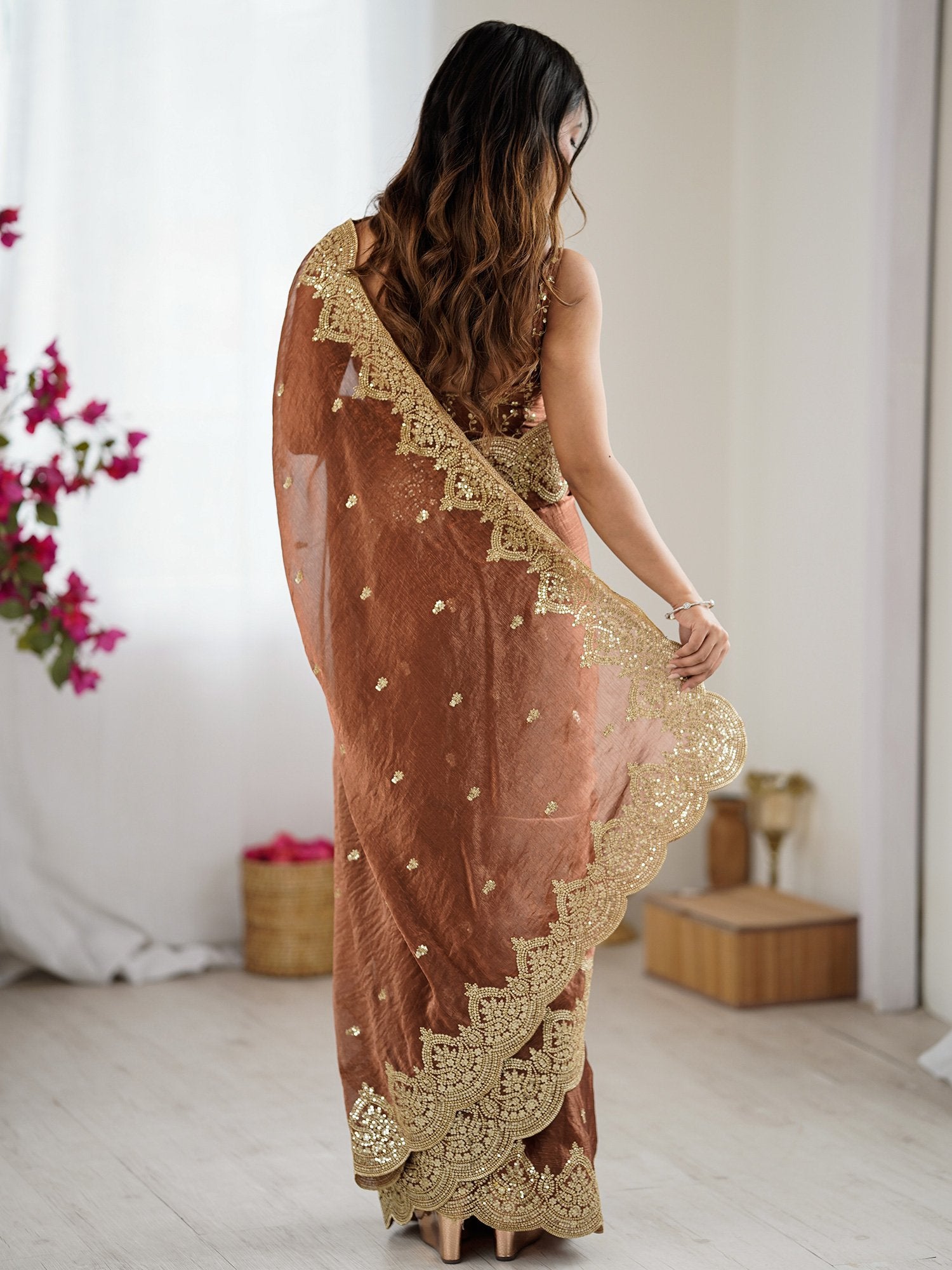 Brown Party Wear Chiffon Embellished Saree