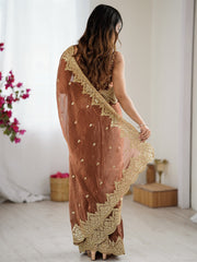 Brown Party Wear Chiffon Embellished Saree