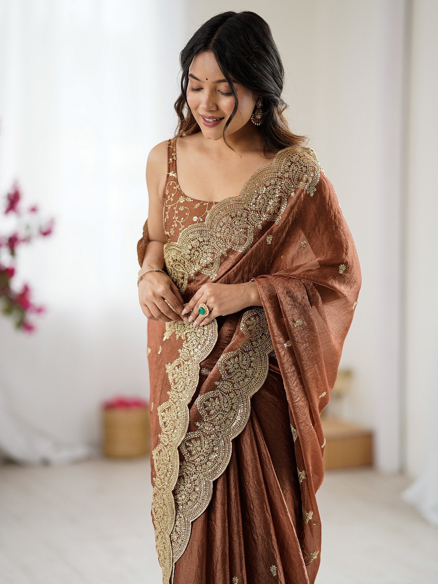 Brown Party Wear Chiffon Embellished Saree