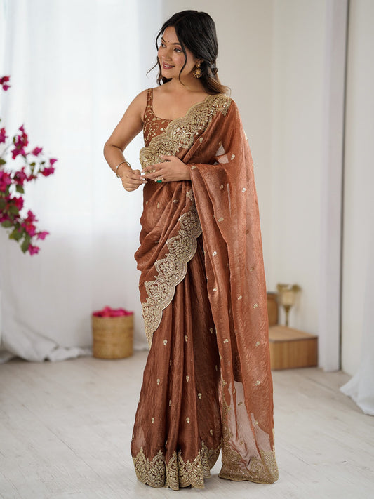 Brown Brown Party Wear Chiffon Embellished Saree