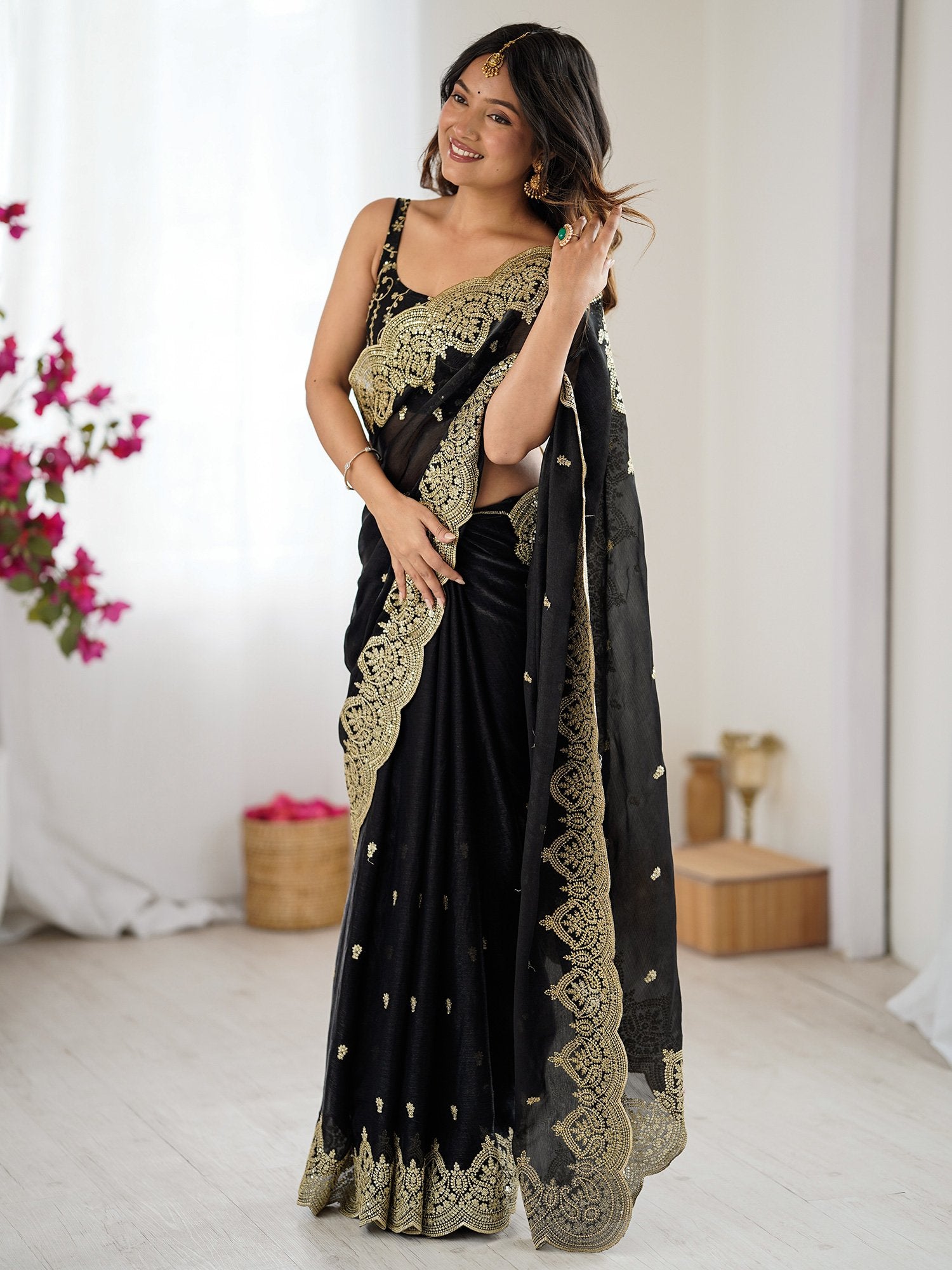 Black Party Wear Chiffon Embellished Saree