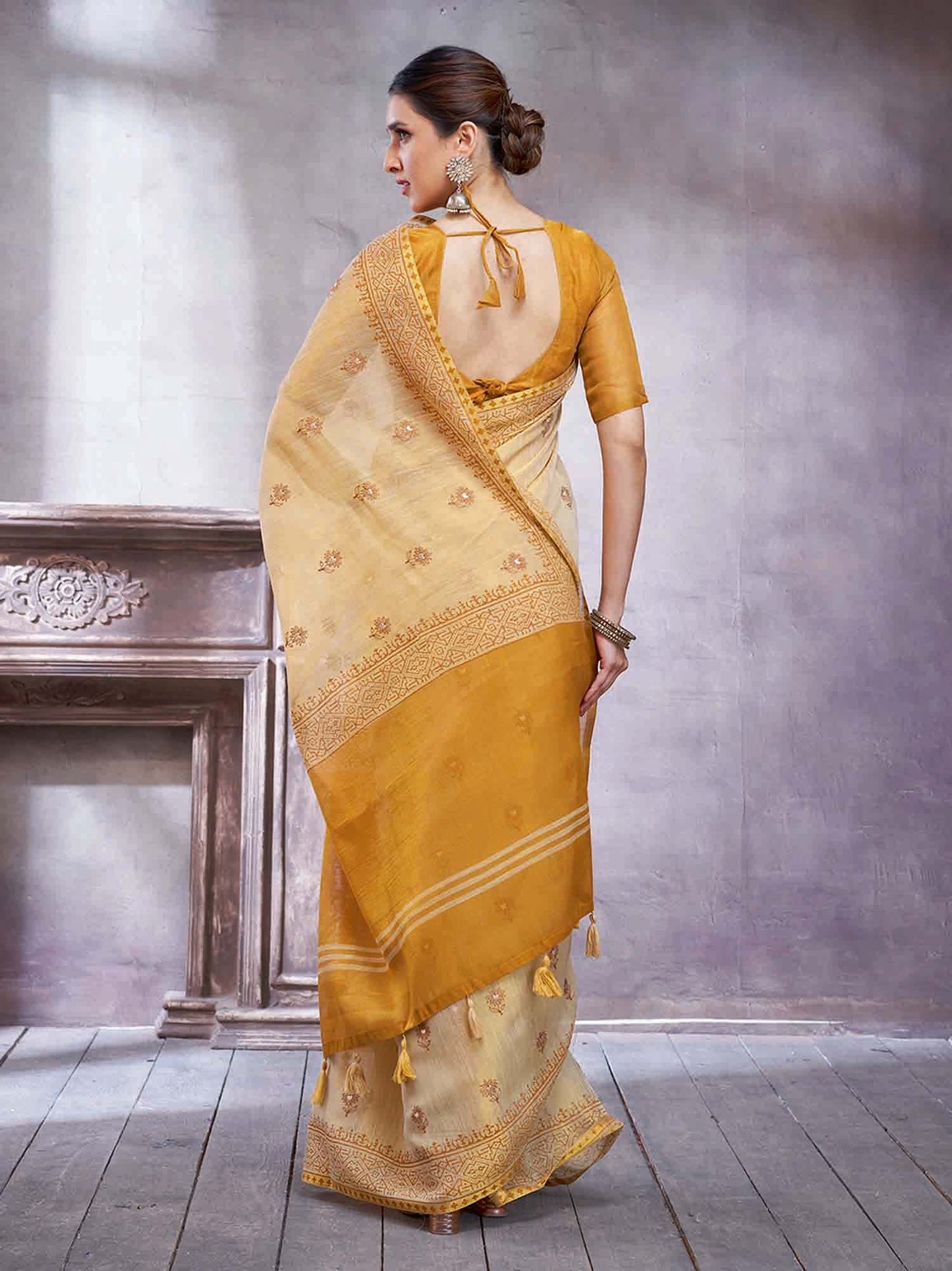 Beige Paithani Linen Woven Saree