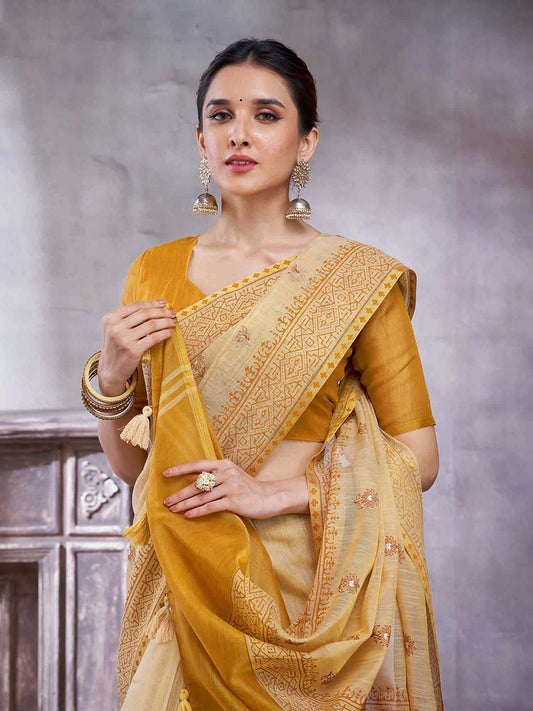 Golden Beige Paithani Linen Woven Saree