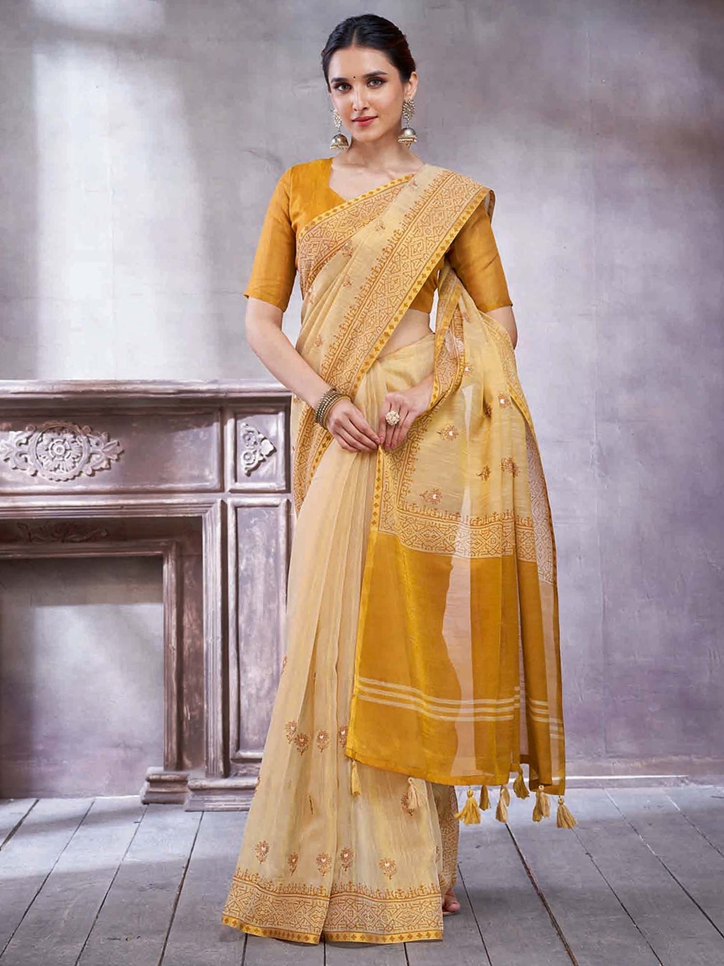 Beige Paithani Linen Woven Saree