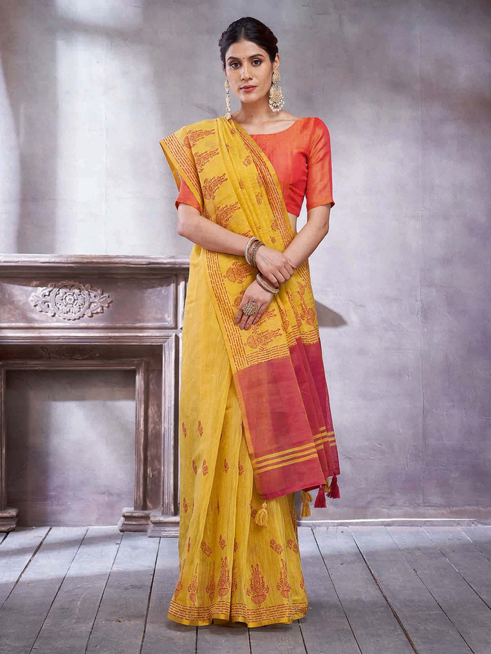 Yellow Yellow Paithani Linen Woven Saree