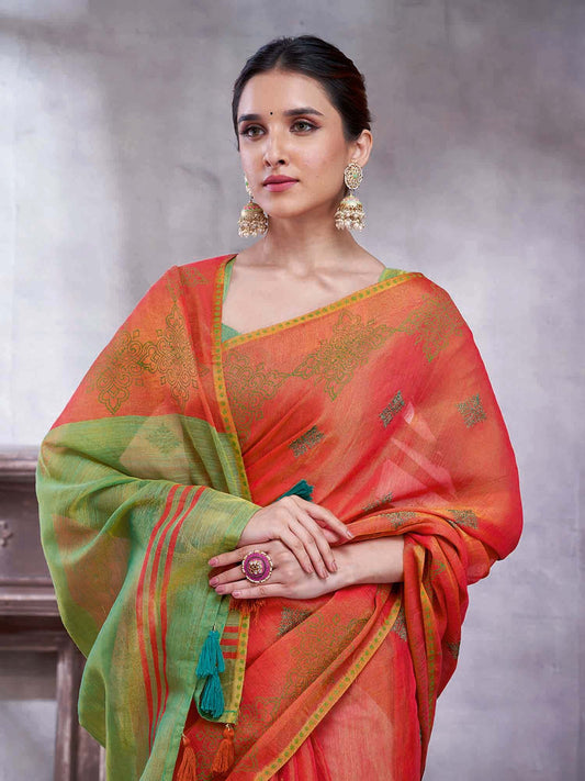 Orange Orange Paithani Linen Woven Saree
