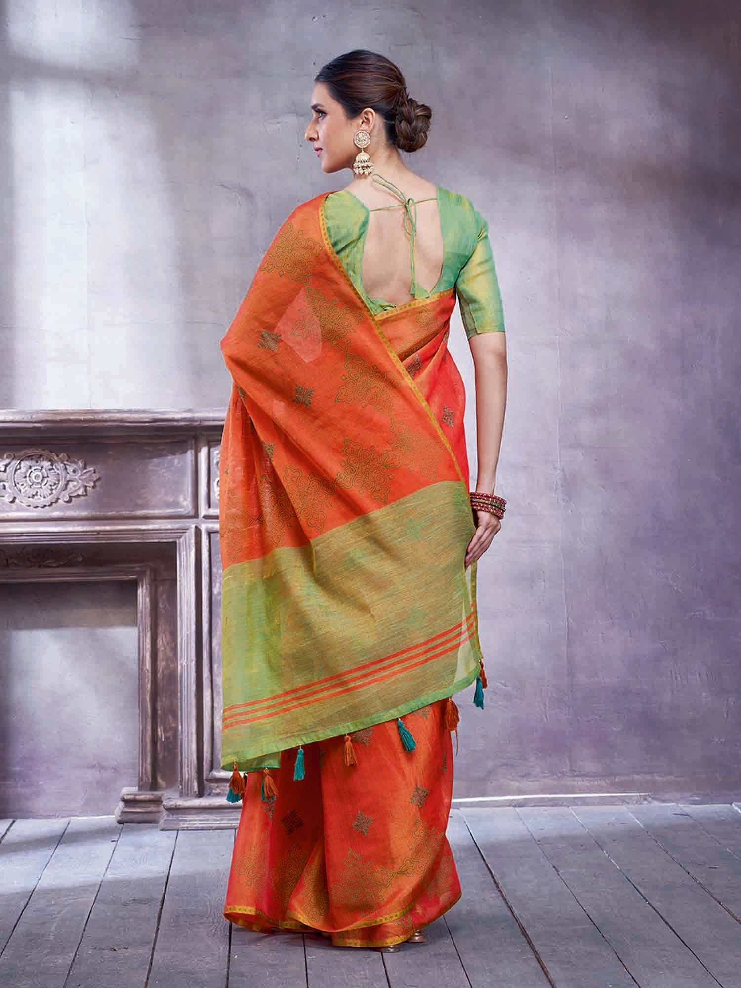 Orange Paithani Linen Woven Saree