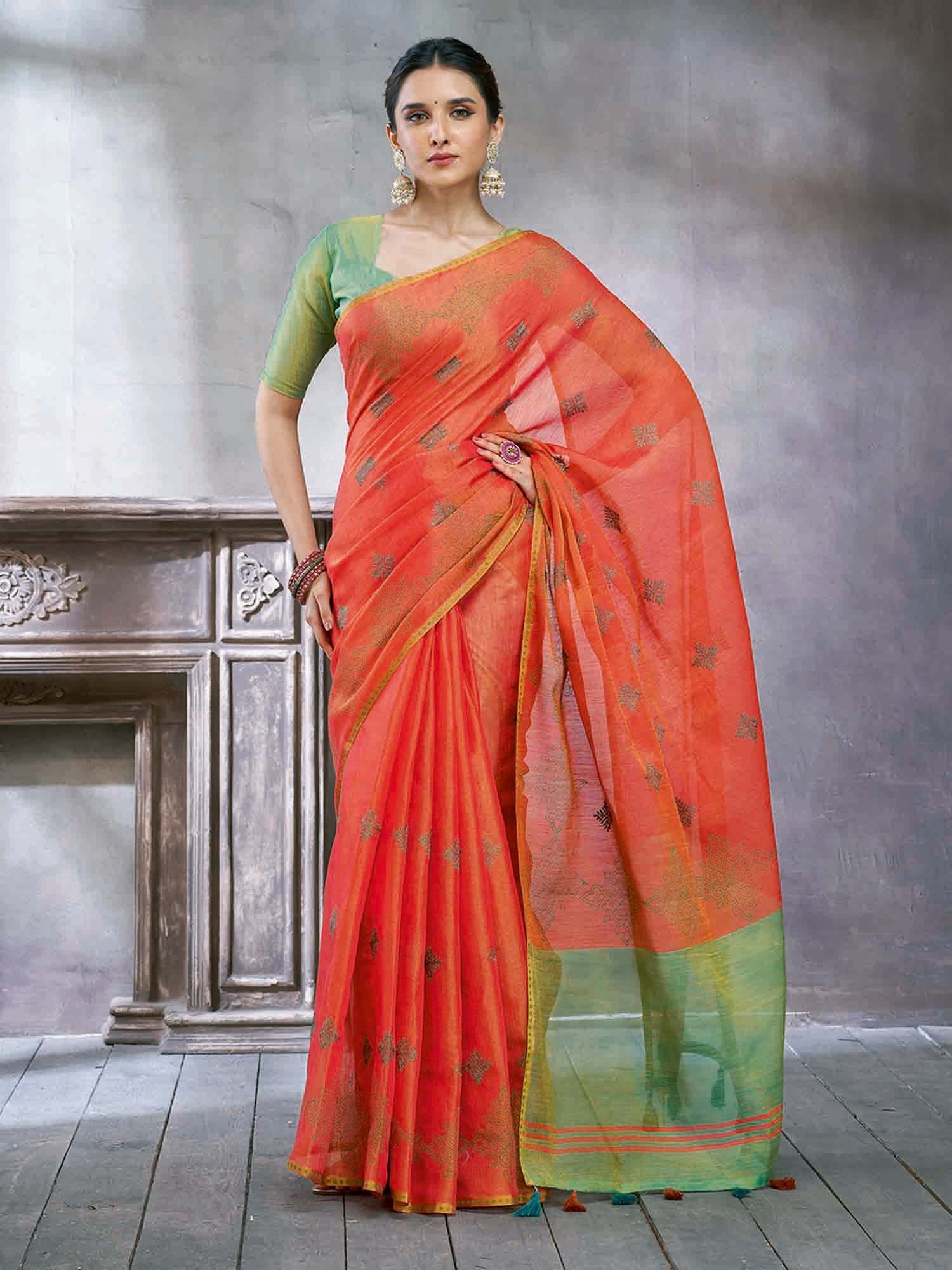 Orange Paithani Linen Woven Saree