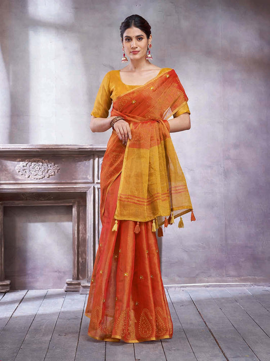 Red Rust Paithani Linen Woven Saree