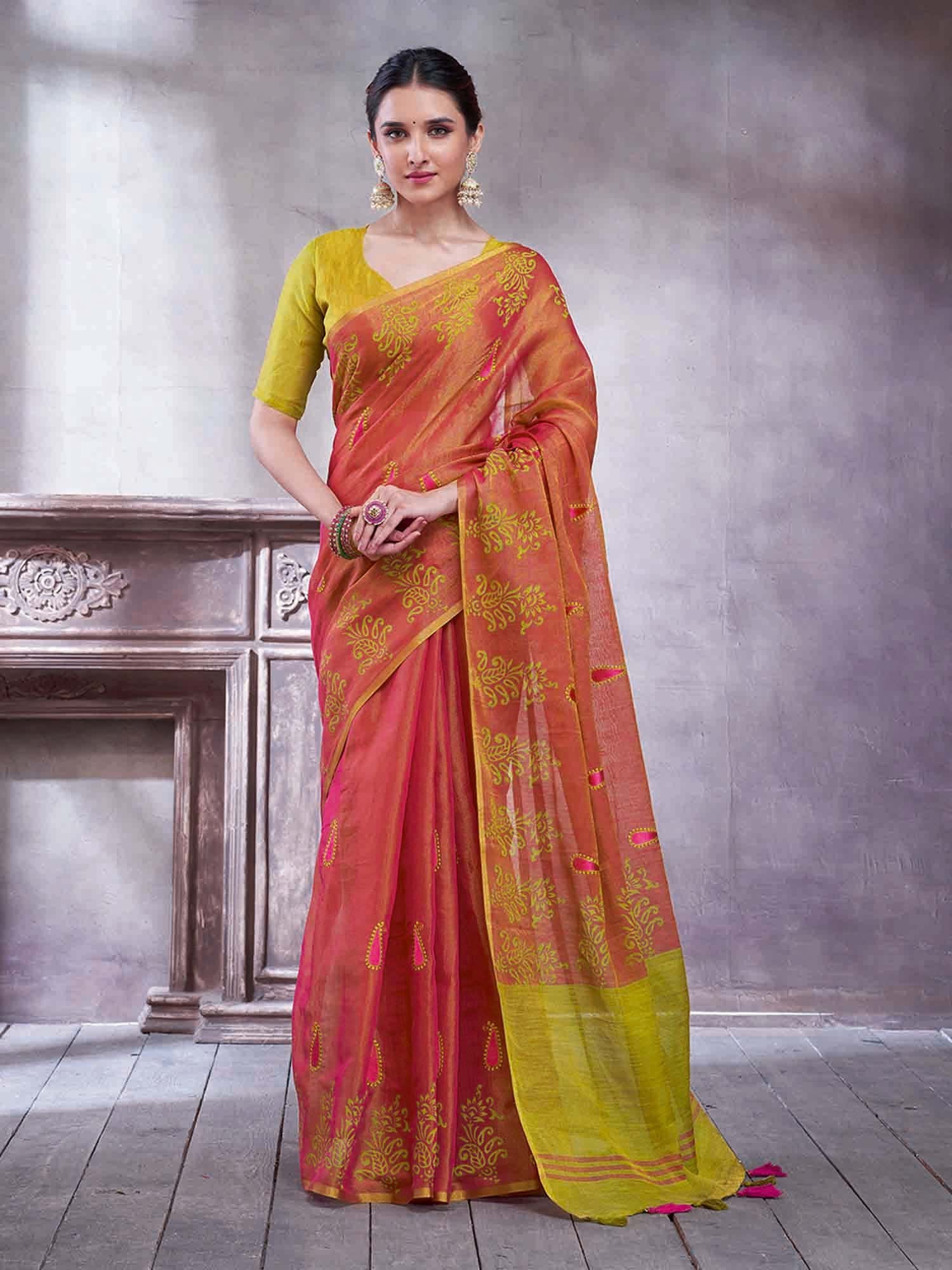 Pink Pink Paithani Linen Woven Saree