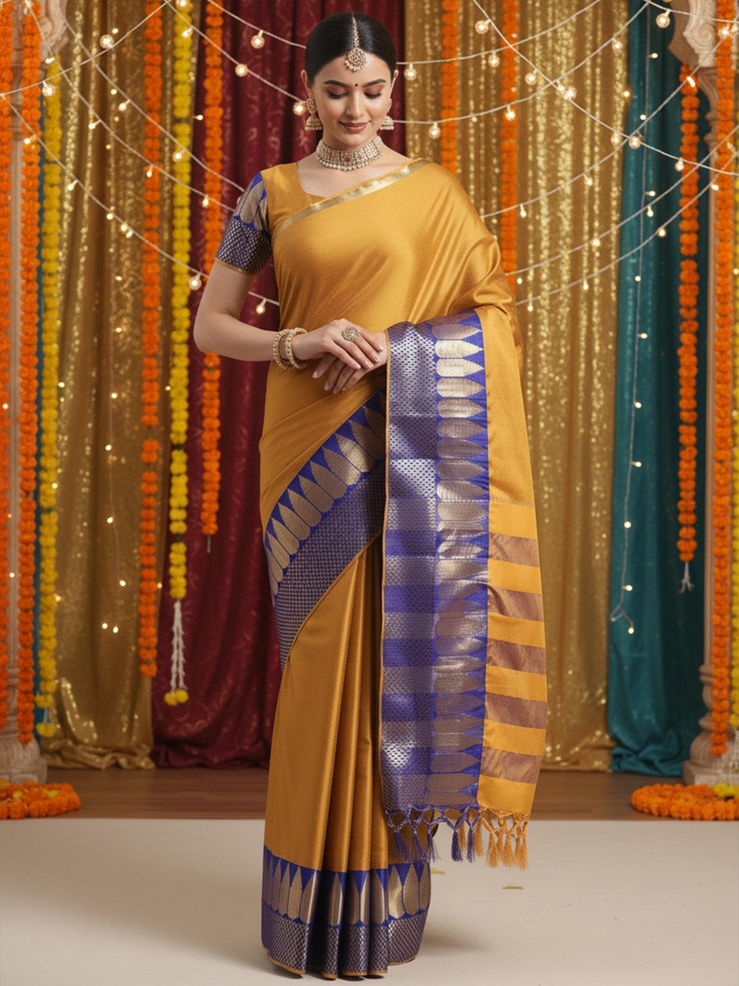 Mustard Banarasi Silk Blend Woven Saree