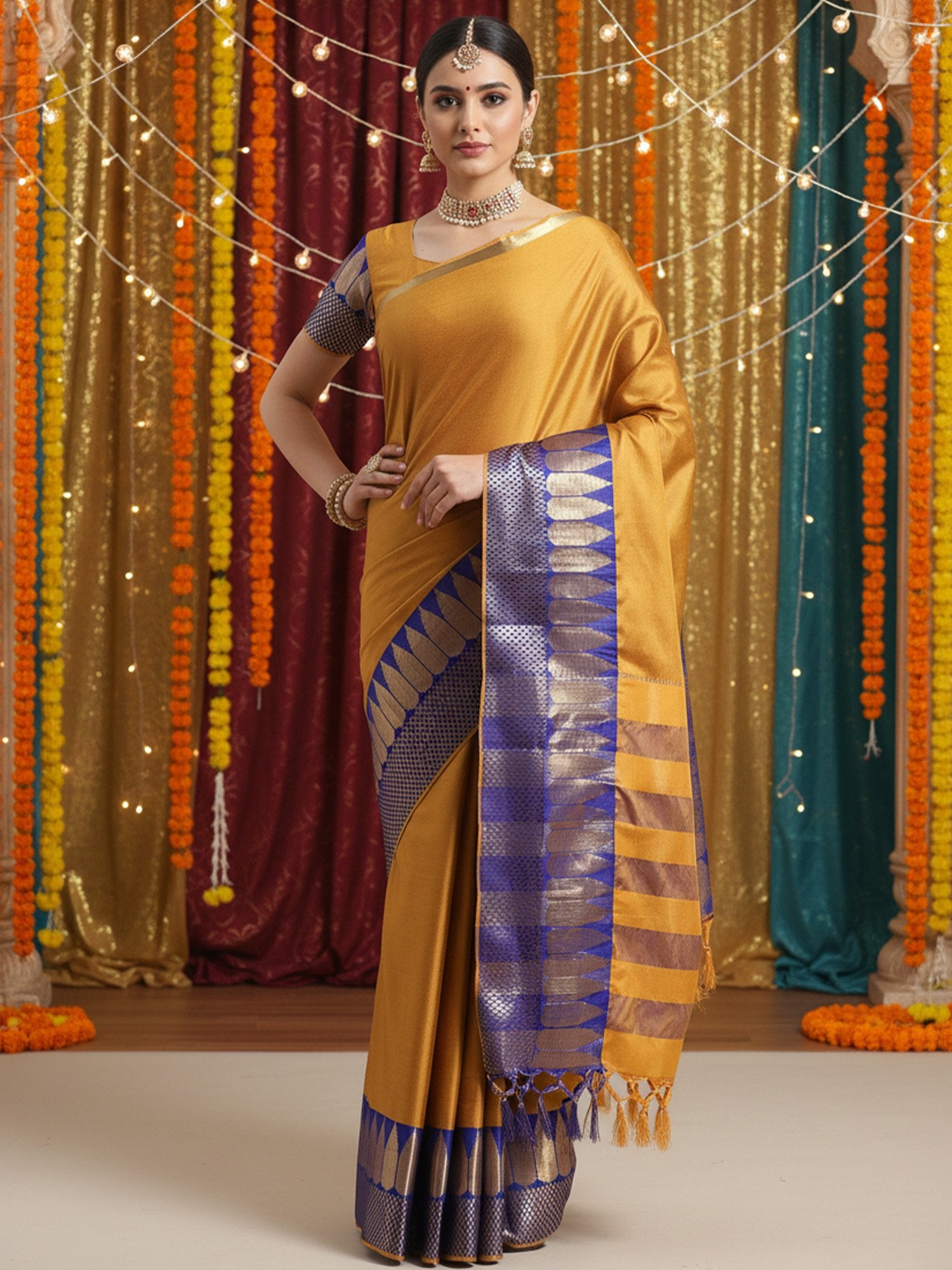 Yellow Mustard Banarasi Silk Blend Woven Saree