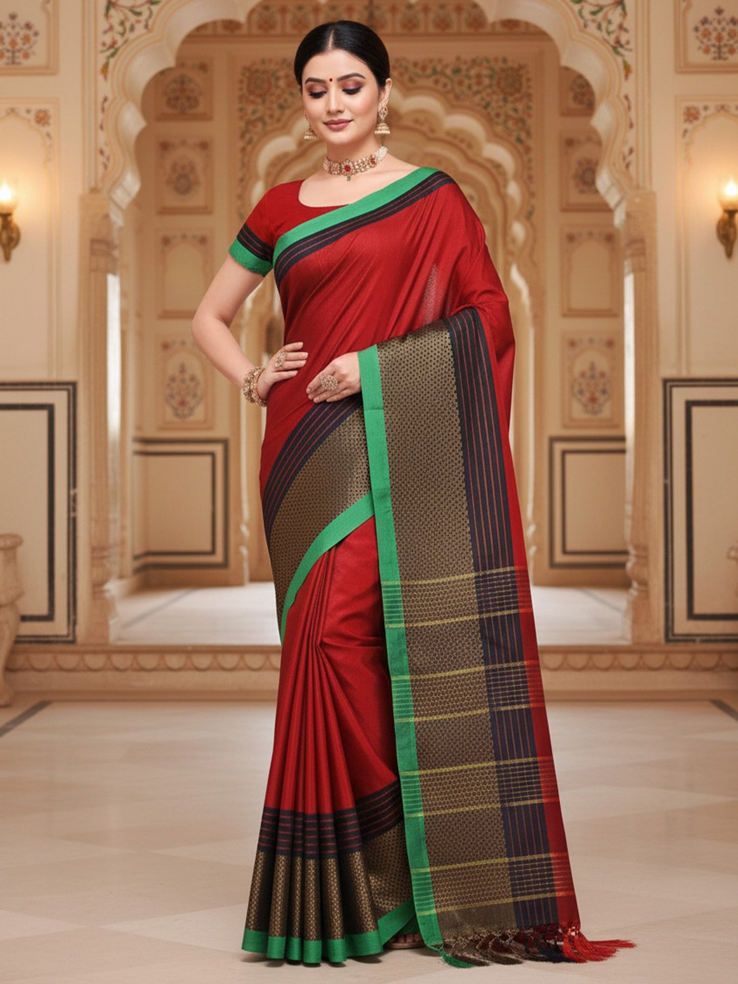 Red Banarasi Cotton Silk  Solid Saree