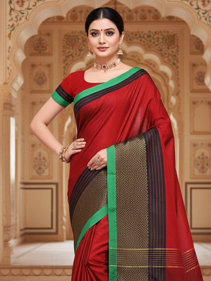 Red Banarasi Cotton Silk  Solid Saree