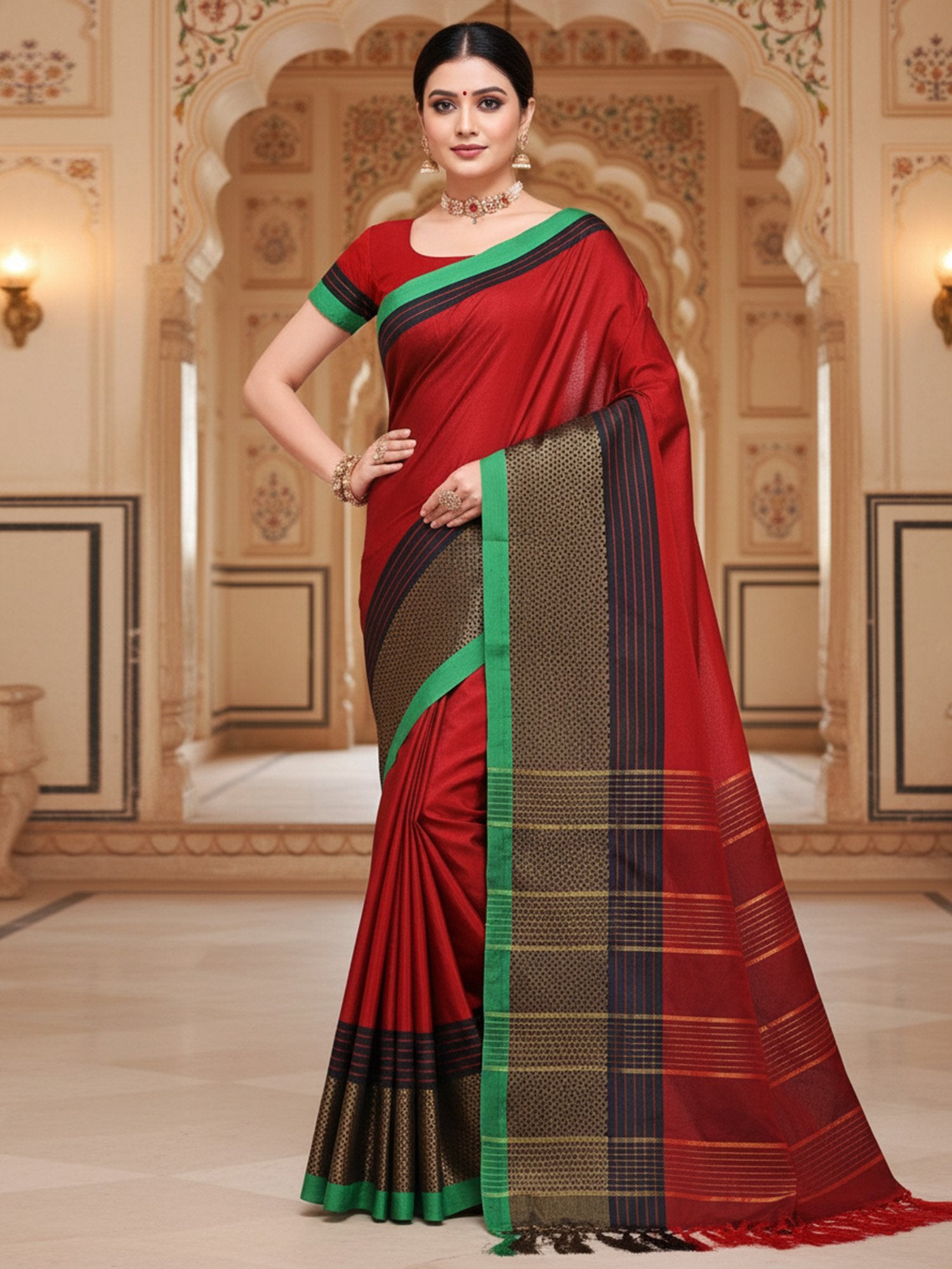 Red Red Banarasi Cotton Silk  Solid Saree