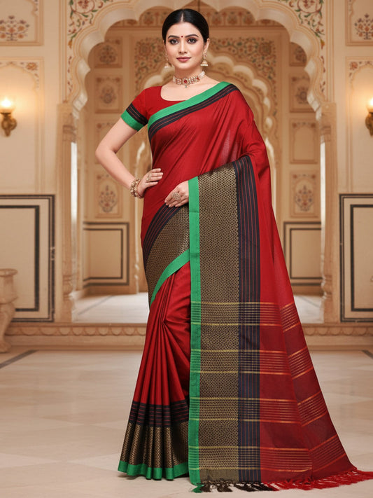 Red Red Banarasi Cotton Silk  Solid Saree