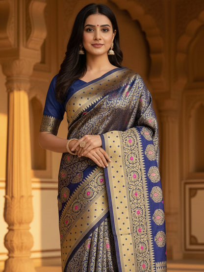 Navy Banarasi Silk Blend Woven Saree